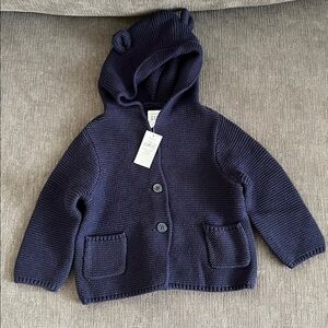 BRAND NEW: GAP Navy Knit Hooded Cardigan with Bear Ears Size 6 - 12 months